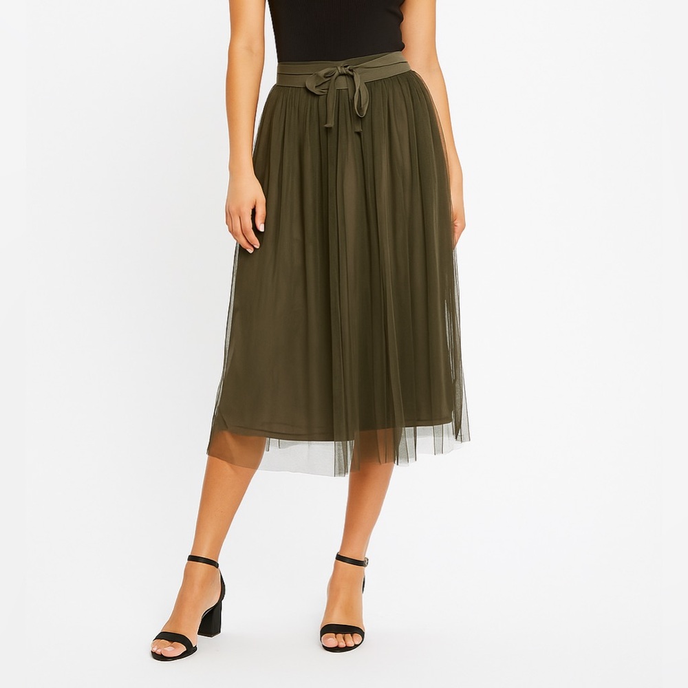 MIA Tulle Maxi Japanese Streetwear Olive Green Skirt ribbon tie elastic waist S